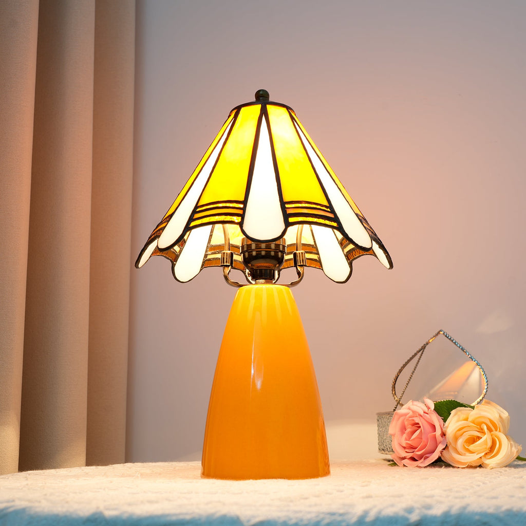 Yellow and White Stained Glass Table Lamp with Amber Base