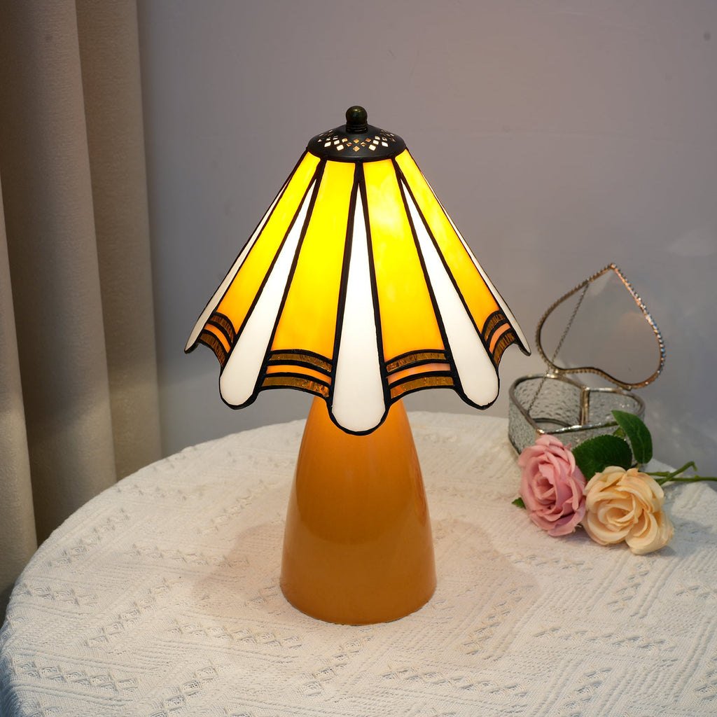 Yellow and White Stained Glass Table Lamp with Amber Base
