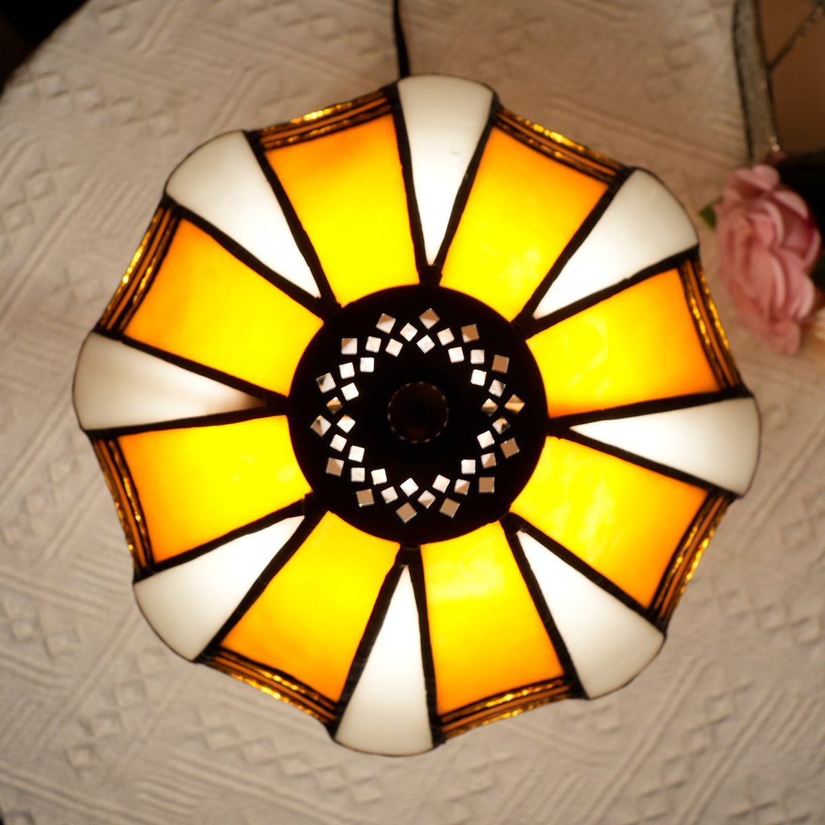 Yellow and White Stained Glass Table Lamp with Amber Base