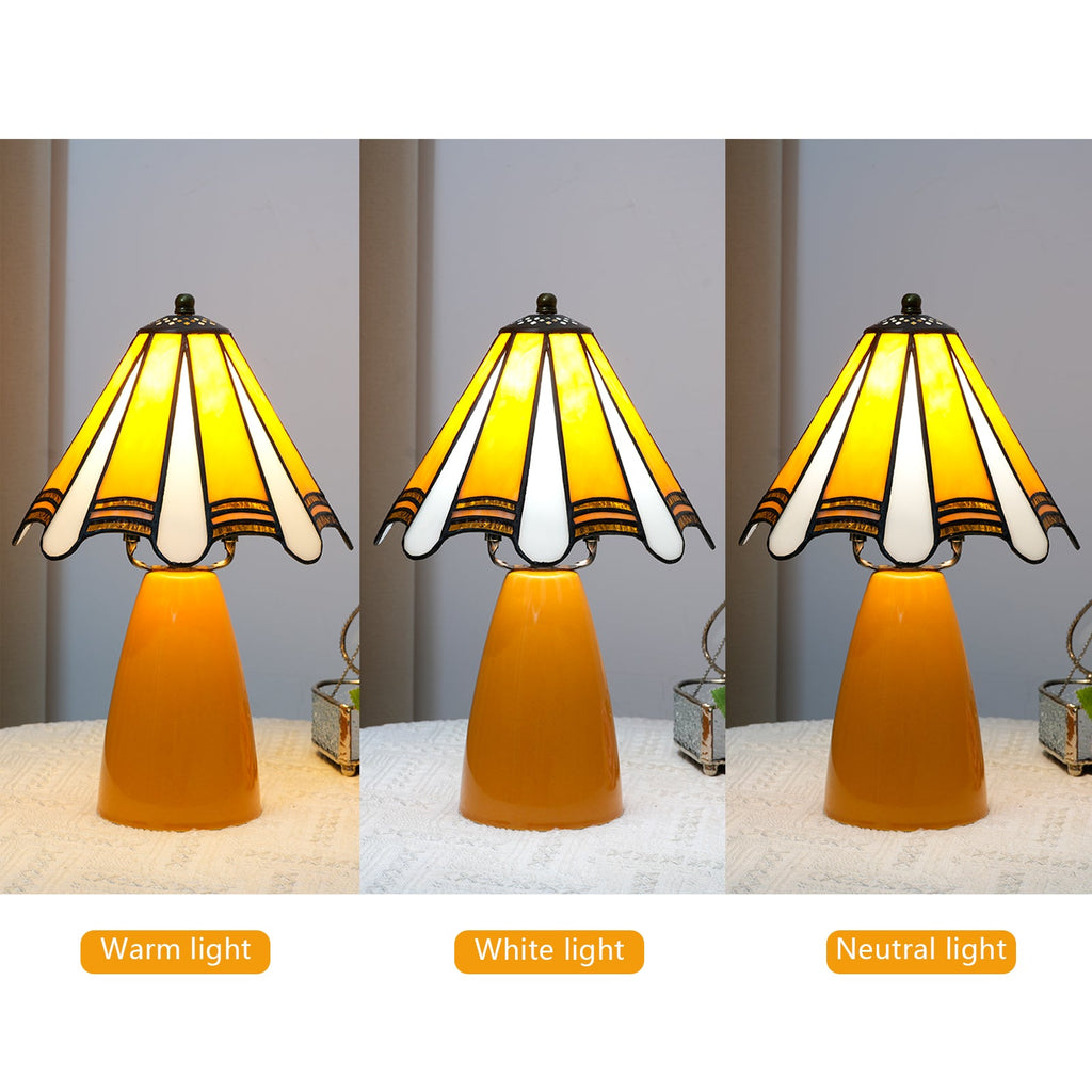 Yellow and White Stained Glass Table Lamp with Amber Base