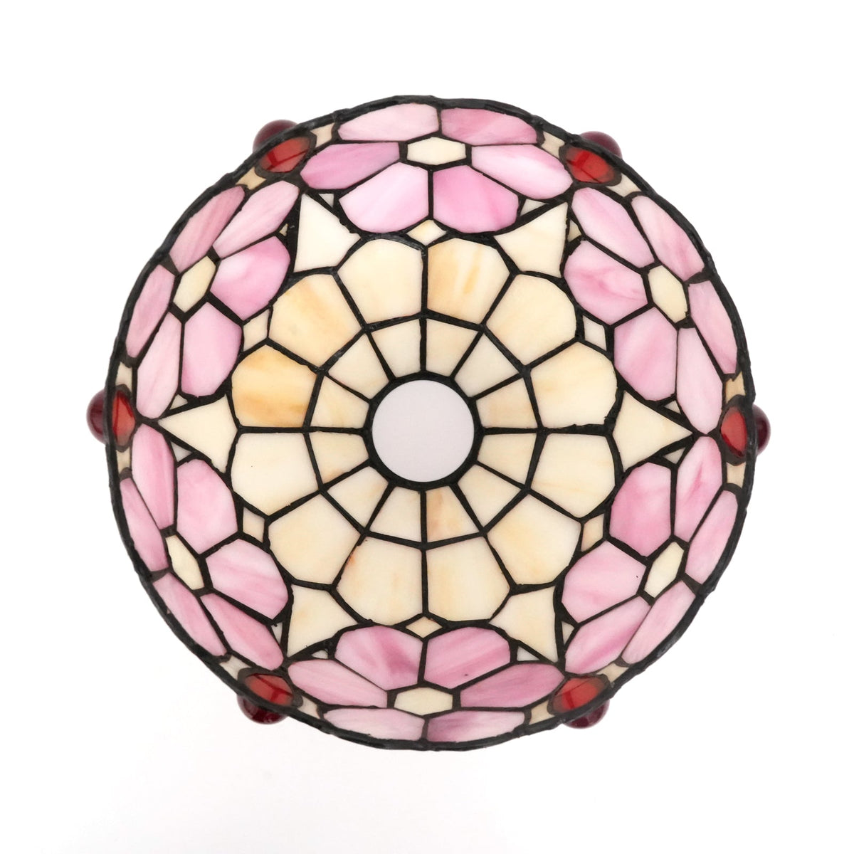 Tinted glass lampshade with pink flowers and red drops