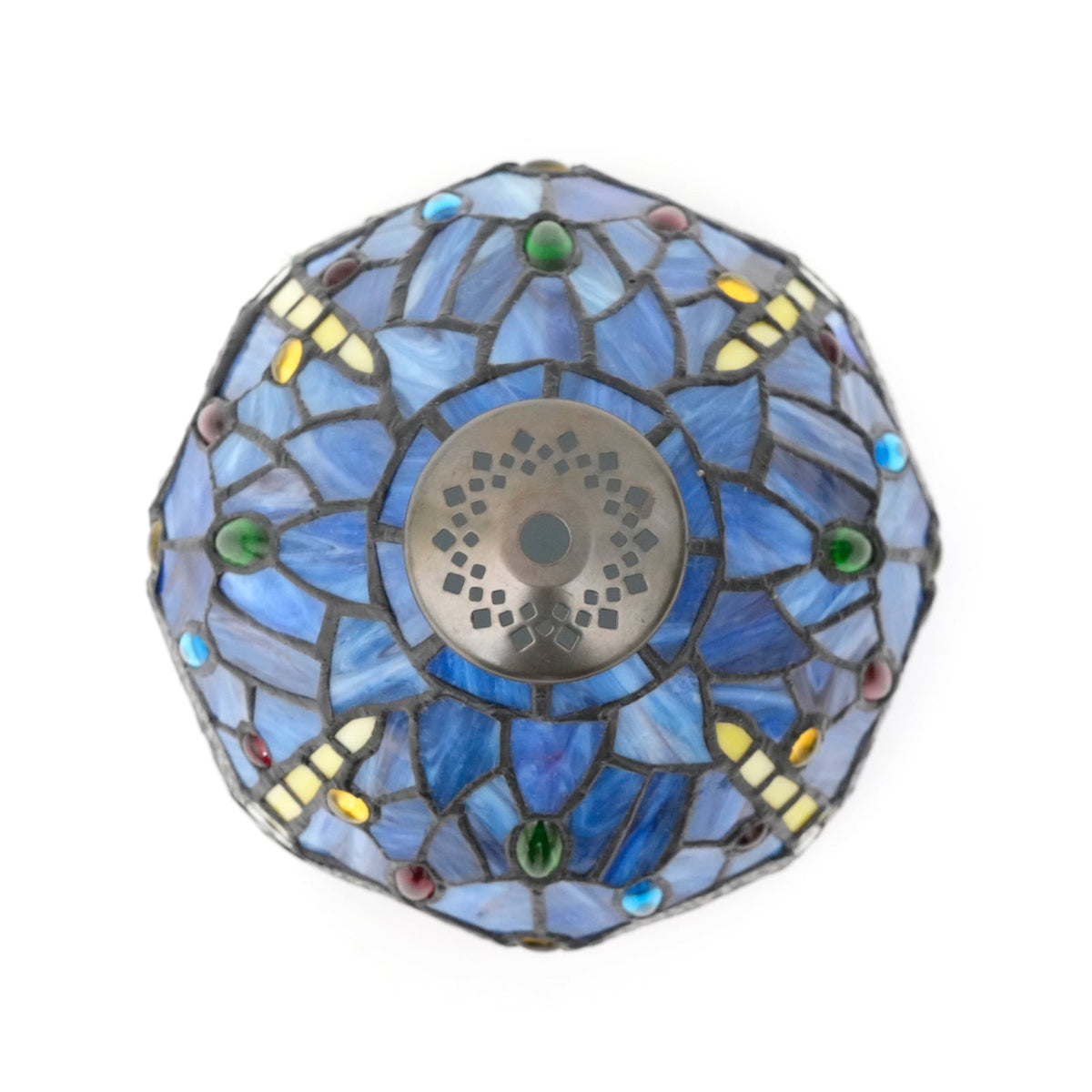 Tiffany-style stained glass lampshade in blue with dragonflies and cabochons