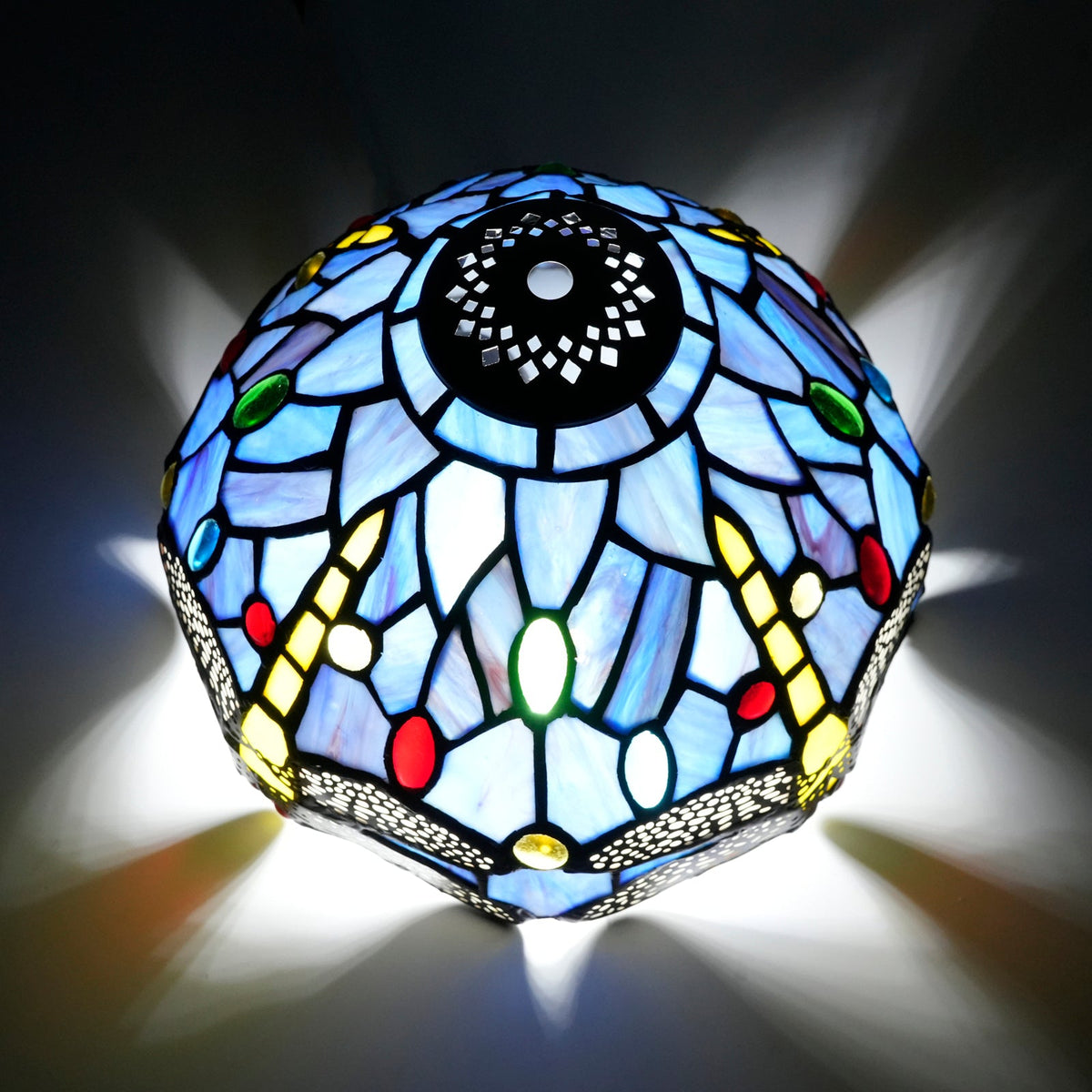 Tiffany-style stained glass lampshade in blue with dragonflies and cabochons