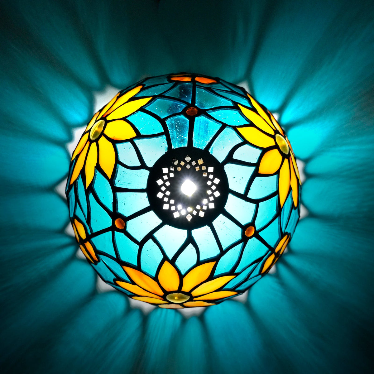 Blue and Yellow Floral Tiffany Style Stained Glass Lampshade