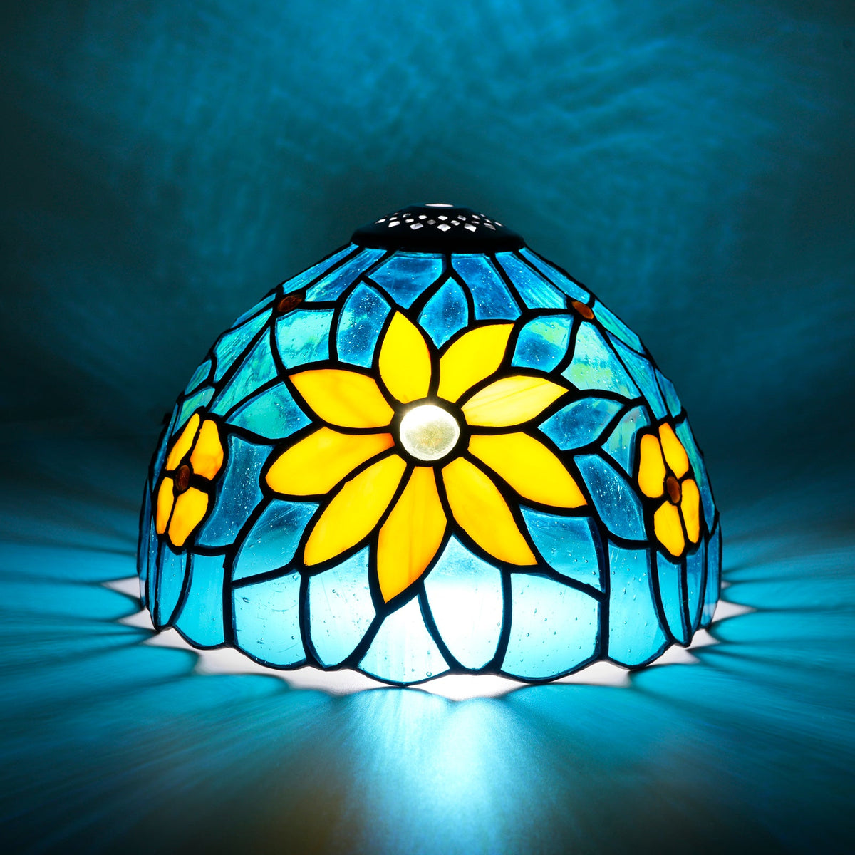 Blue and Yellow Floral Tiffany Style Stained Glass Lampshade