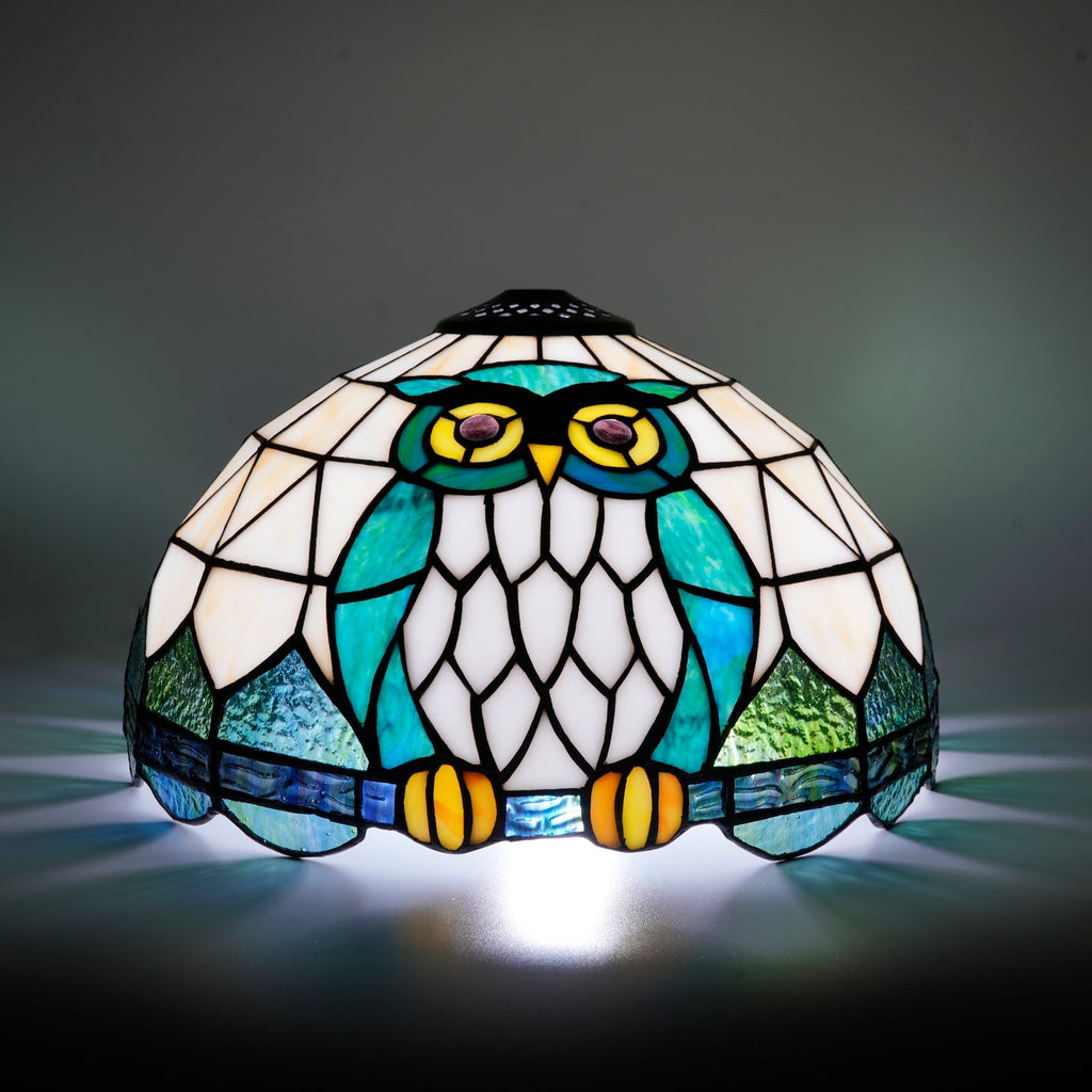 Blue and Green Owl Stained Glass Lampshade, Tiffany Style