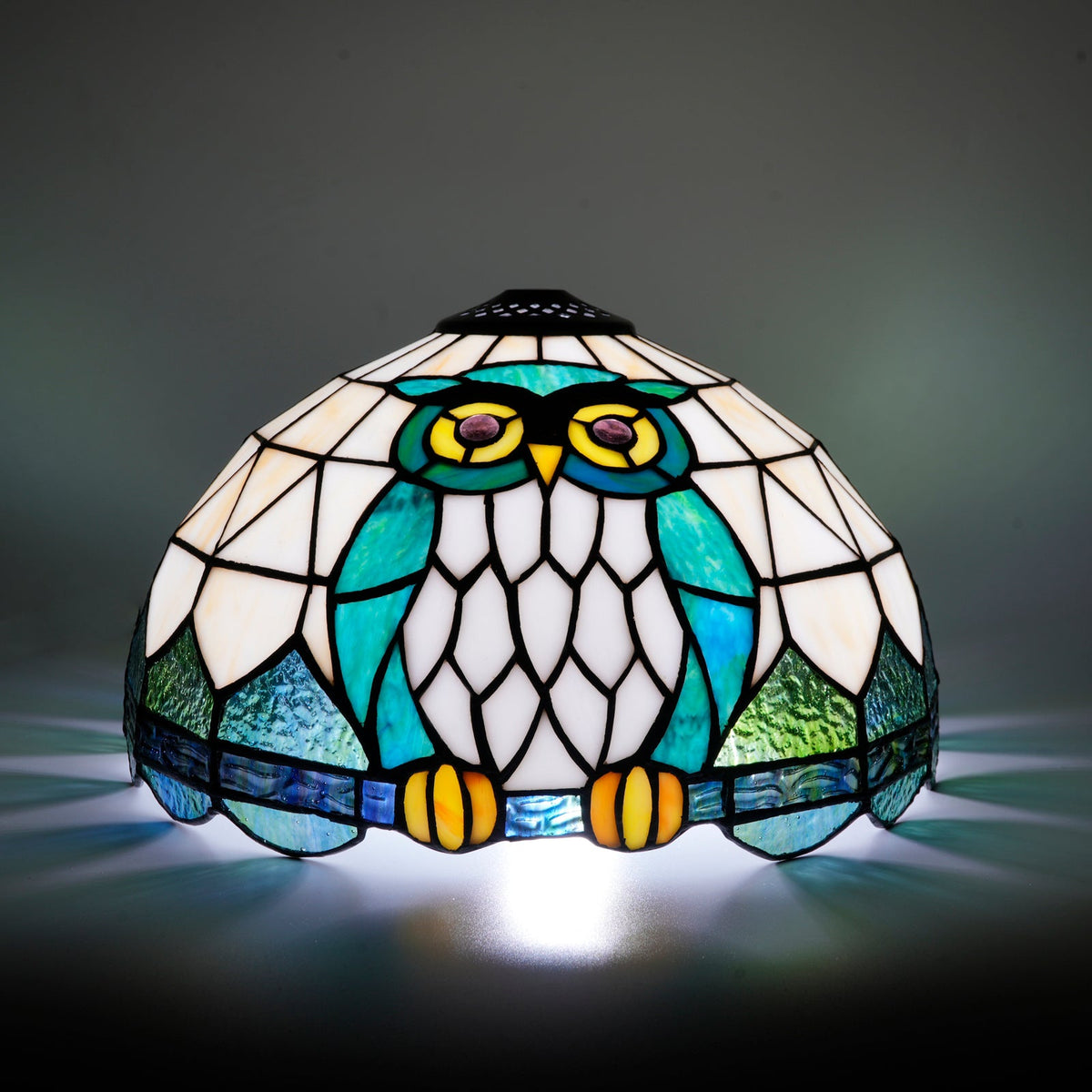 Blue and Green Owl Stained Glass Lampshade, Tiffany Style