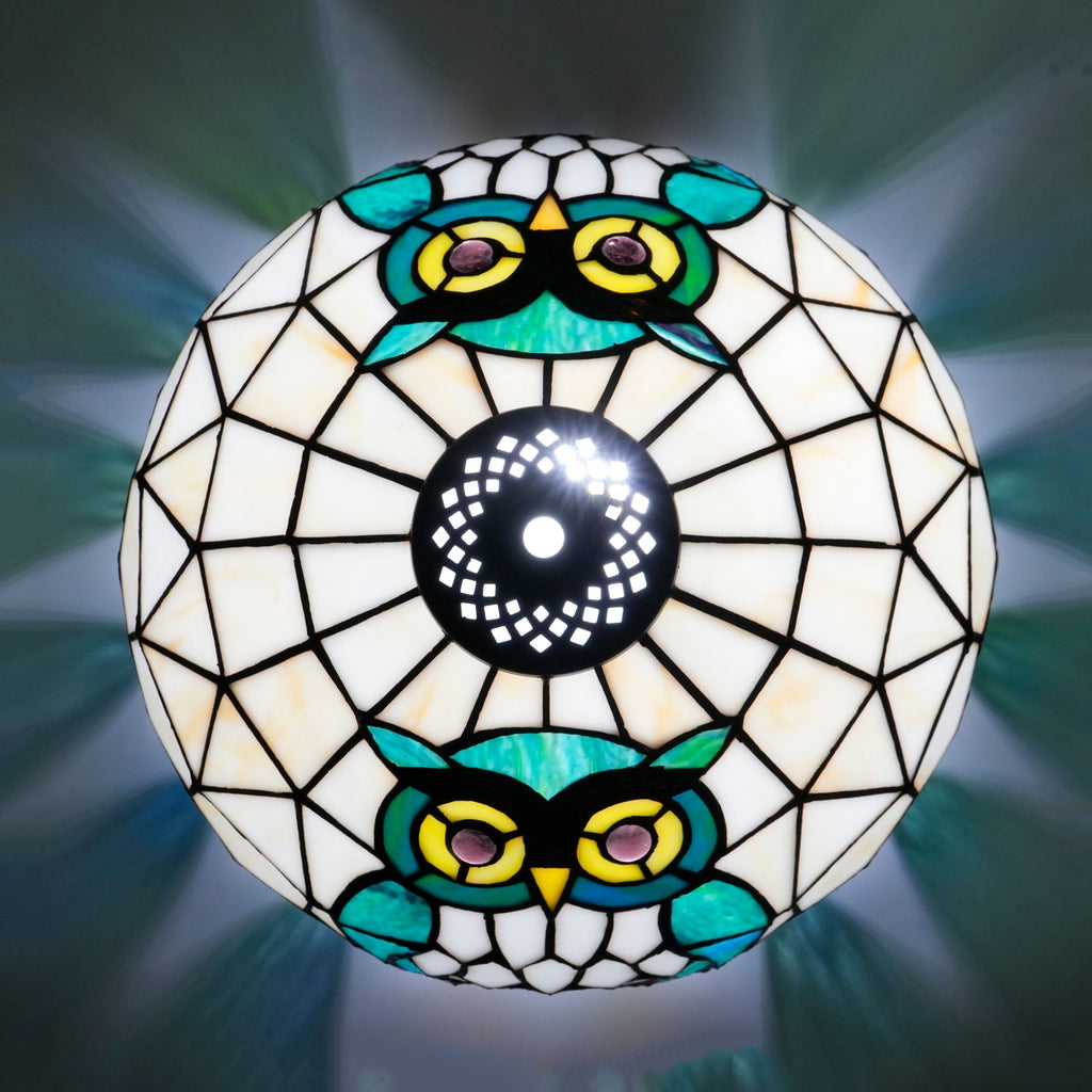 Blue and Green Owl Stained Glass Lampshade, Tiffany Style