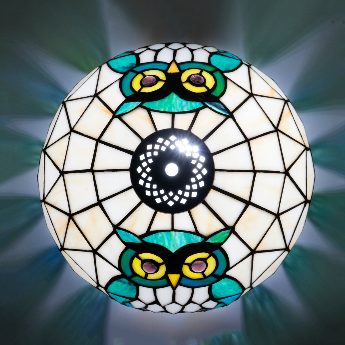 Blue and Green Owl Stained Glass Lampshade, Tiffany Style