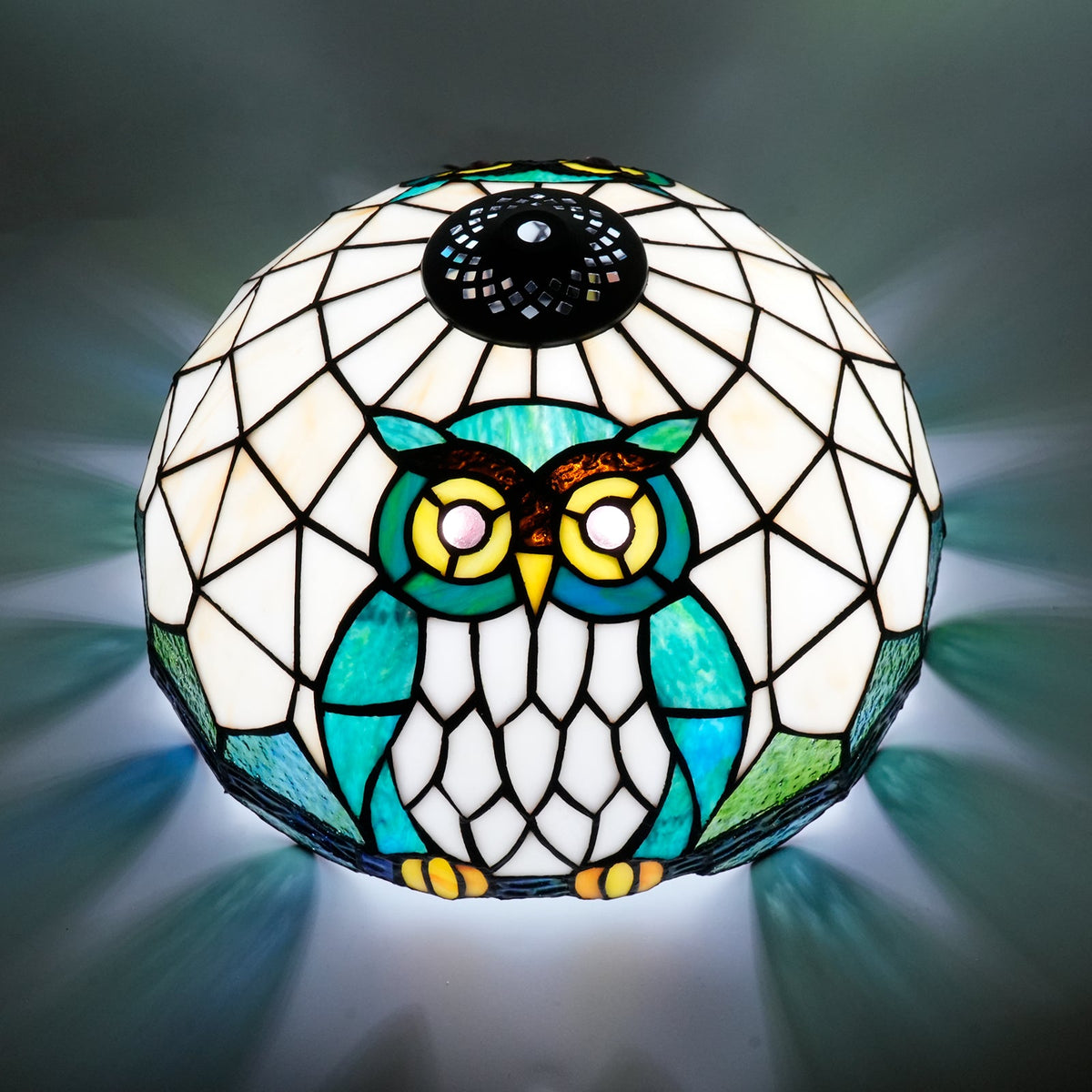 Blue and Green Owl Stained Glass Lampshade, Tiffany Style