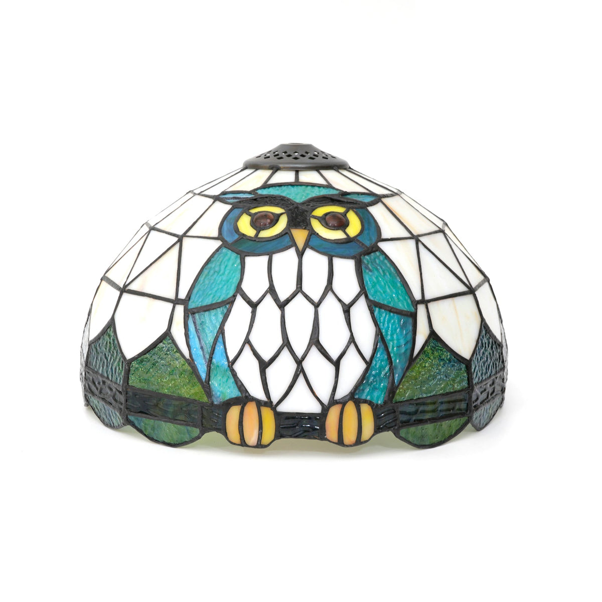 Blue and Green Owl Stained Glass Lampshade, Tiffany Style