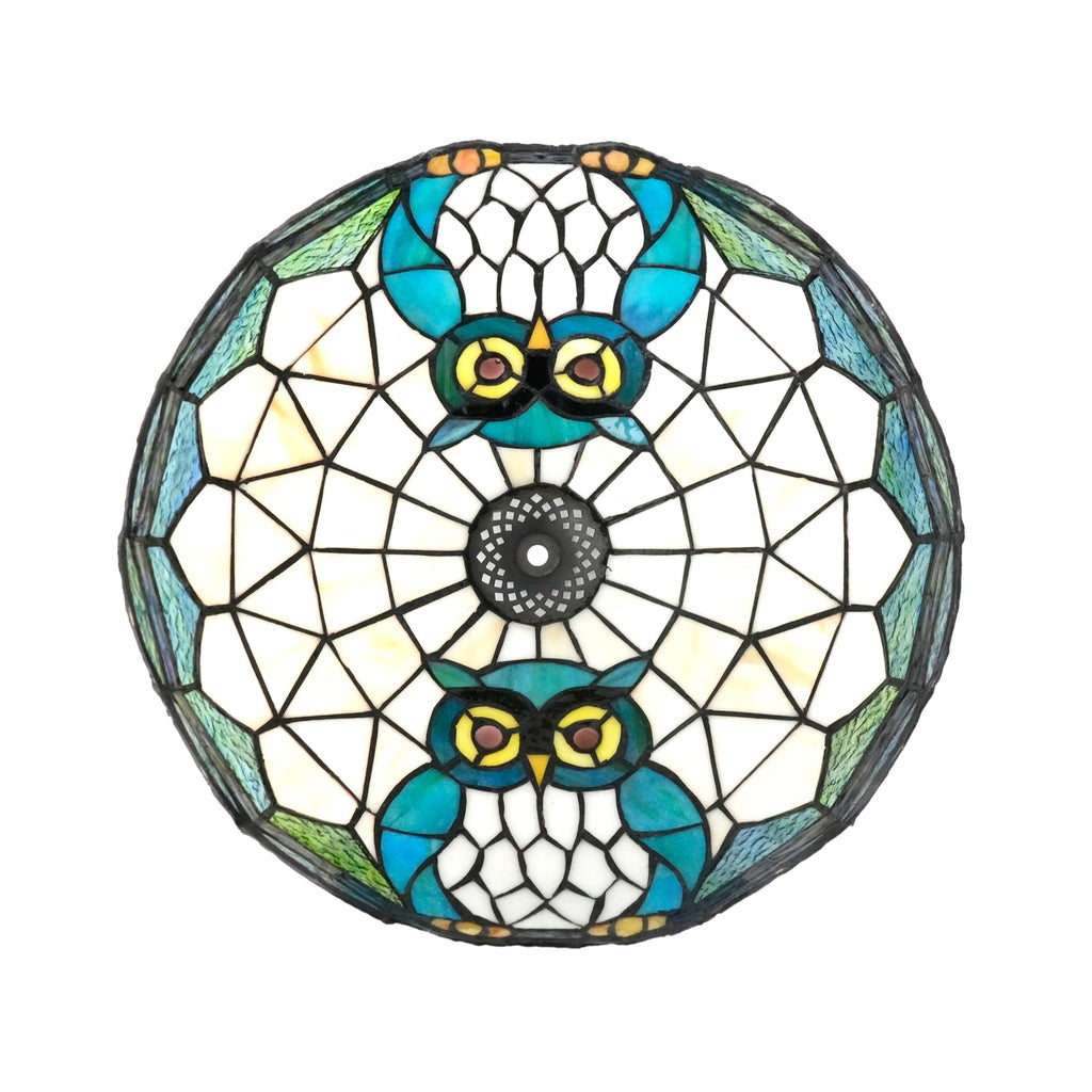 Blue and Green Owl Stained Glass Lampshade, Tiffany Style