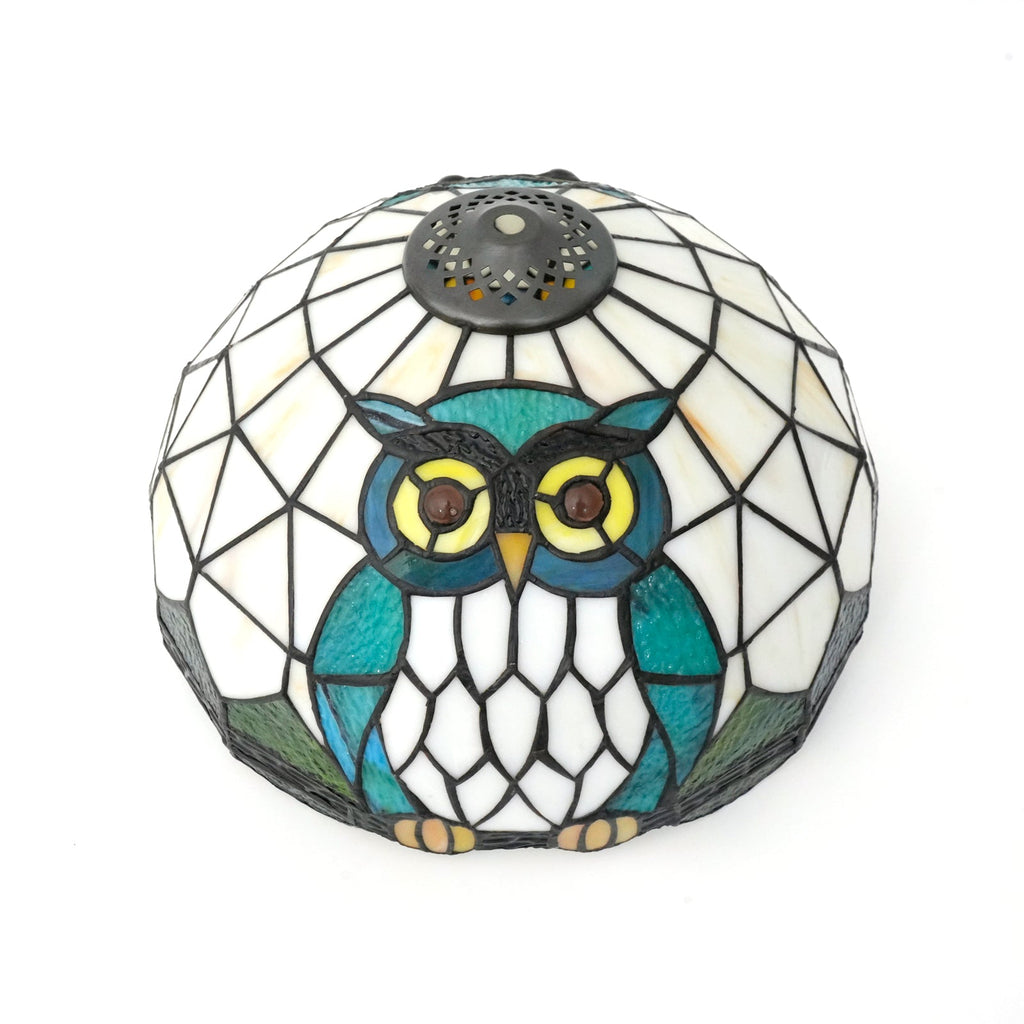 Blue and Green Owl Stained Glass Lampshade, Tiffany Style