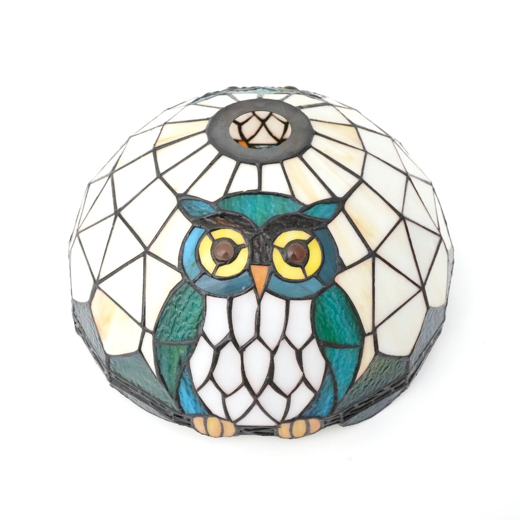Blue and Green Owl Stained Glass Lampshade, Tiffany Style