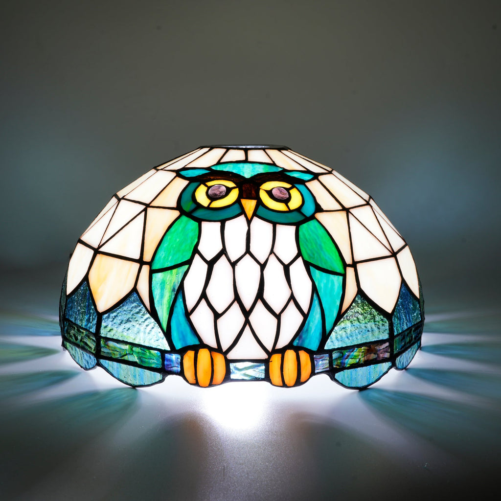Blue and Green Owl Stained Glass Lampshade, Tiffany Style