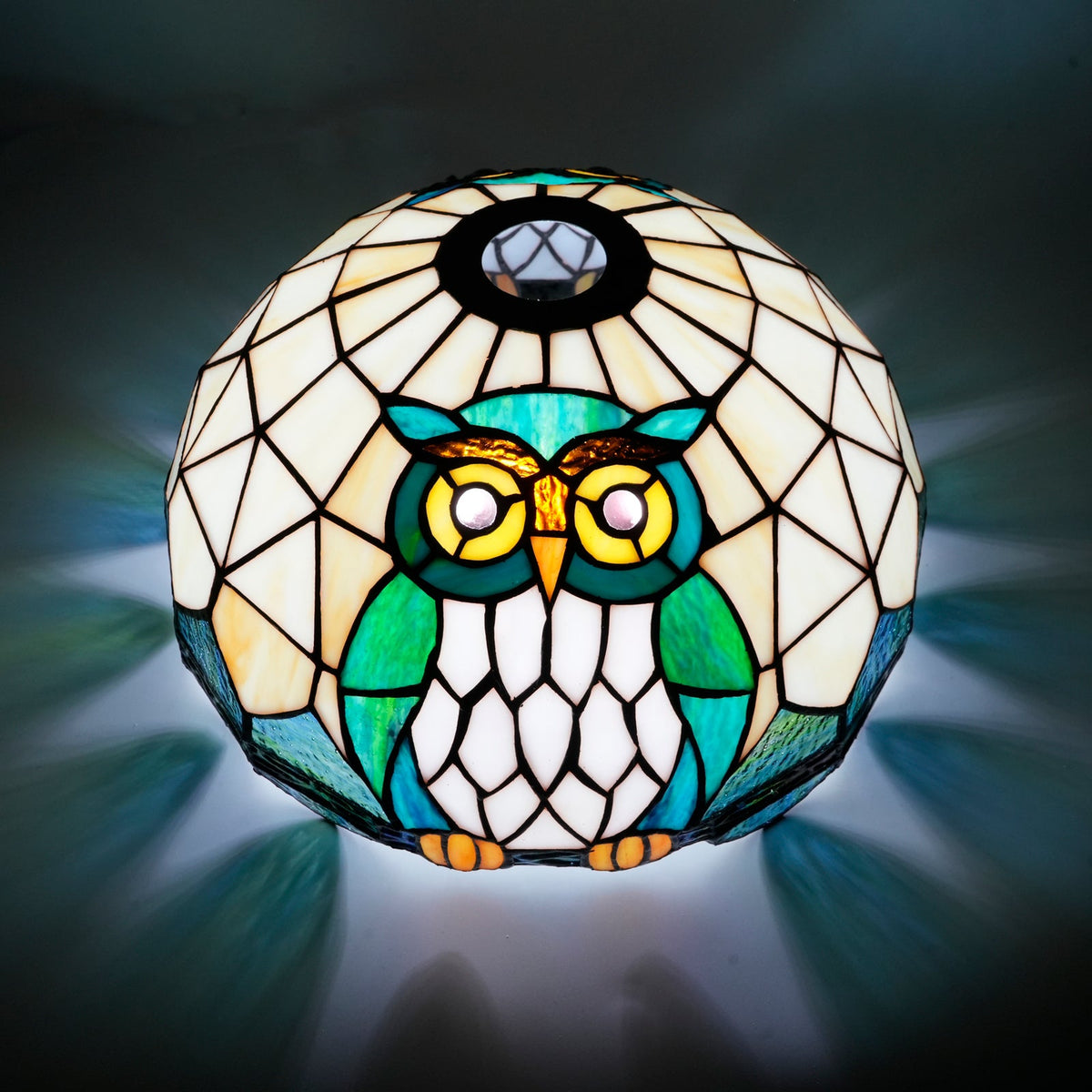 Blue and Green Owl Stained Glass Lampshade, Tiffany Style