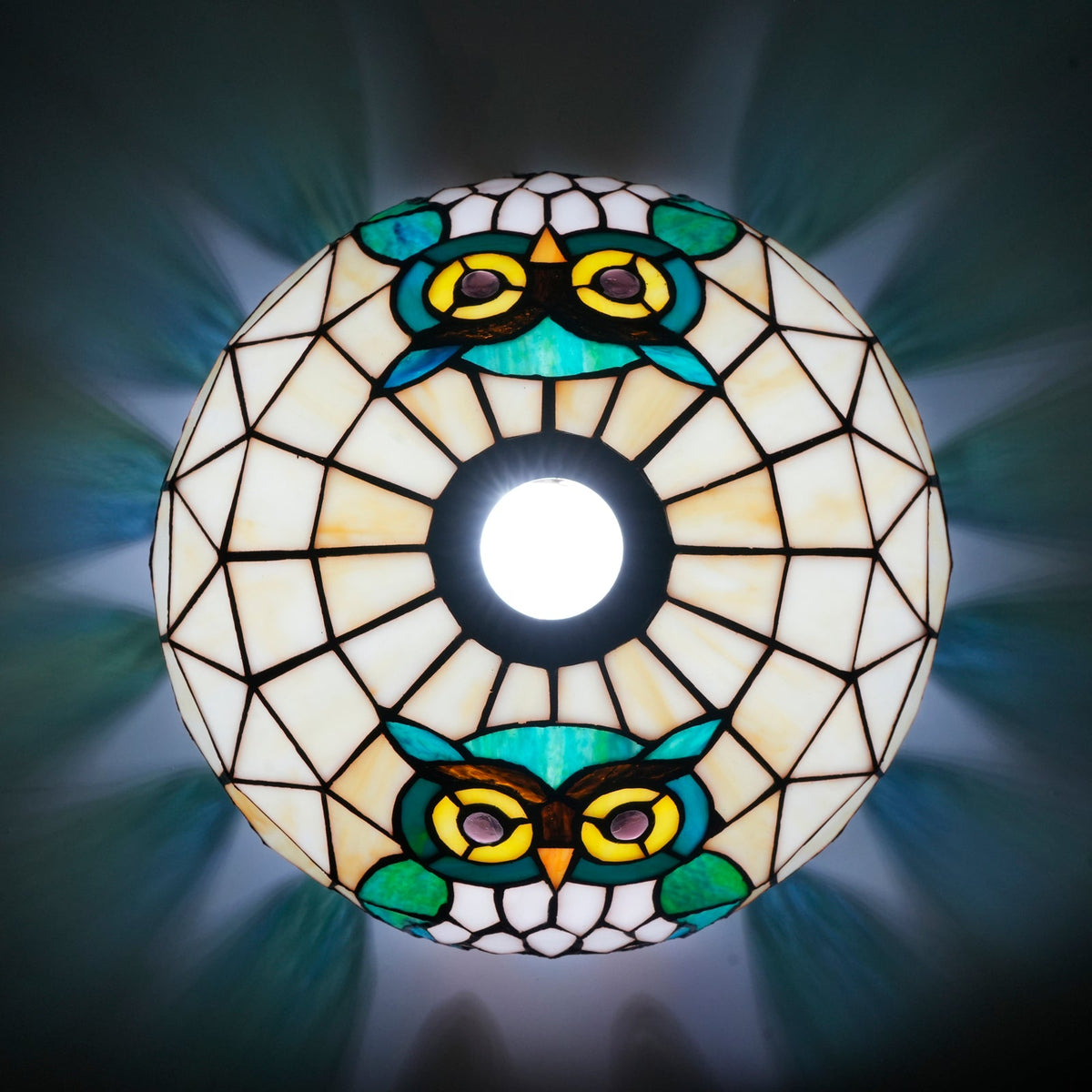 Blue and Green Owl Stained Glass Lampshade, Tiffany Style