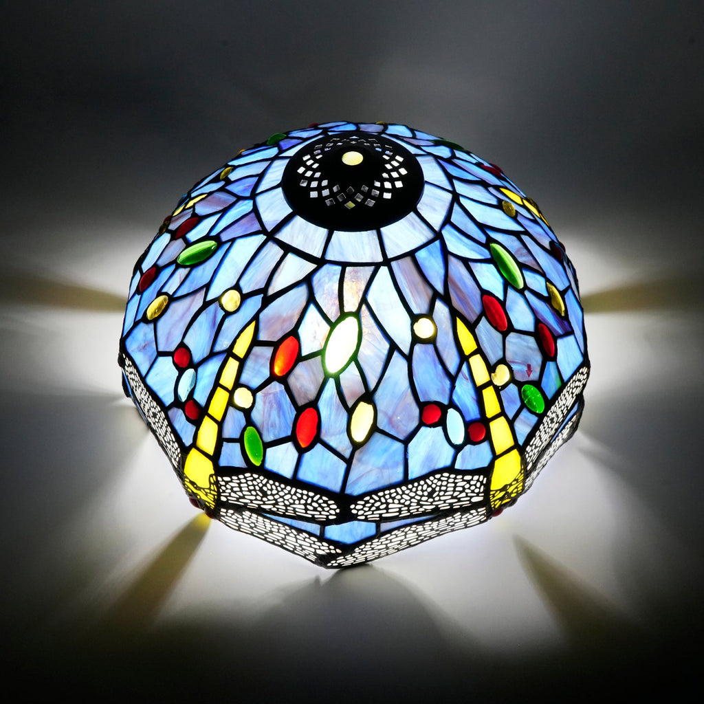 Tiffany-style tinted glass lampshade with blue dragonflies