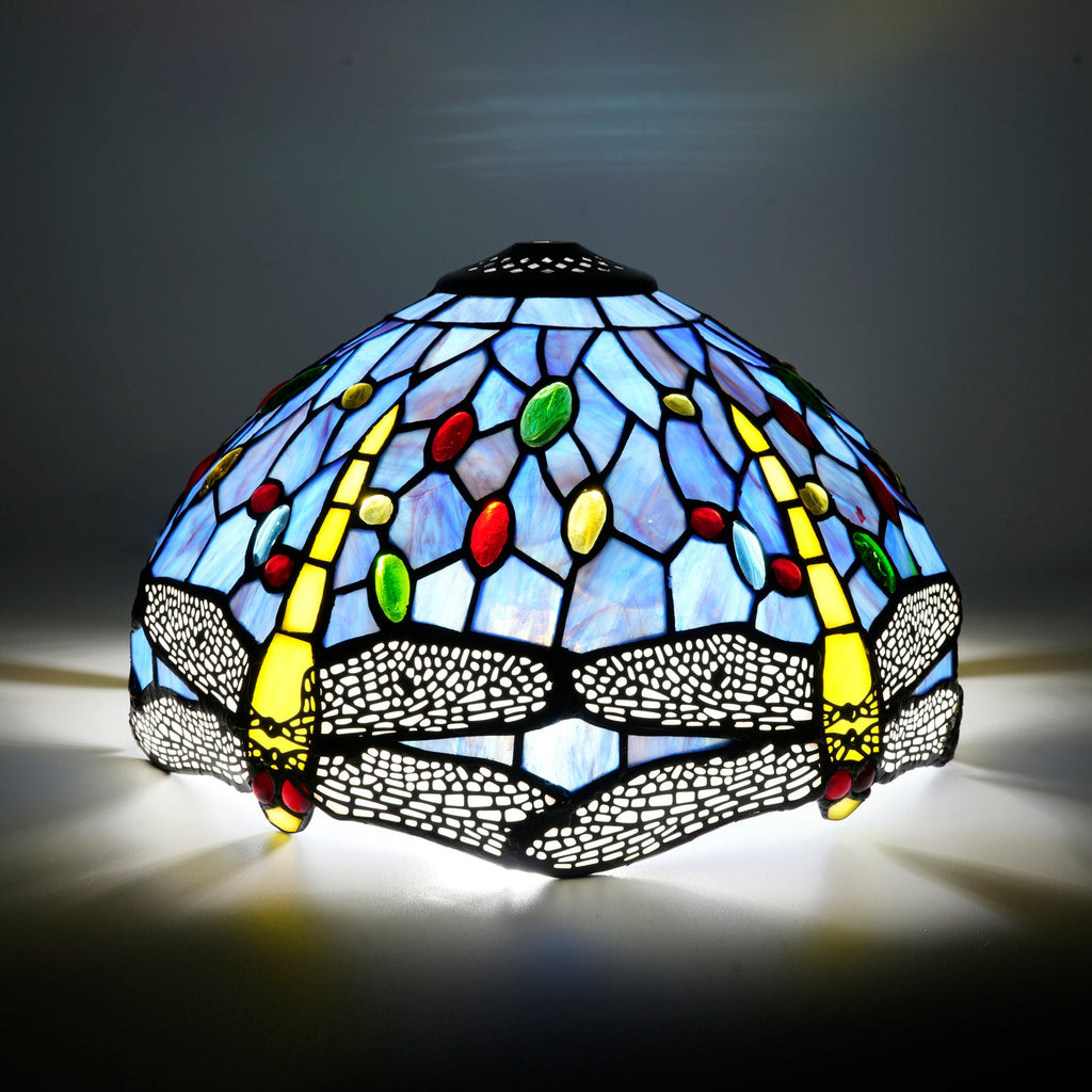 Tiffany-style tinted glass lampshade with blue dragonflies