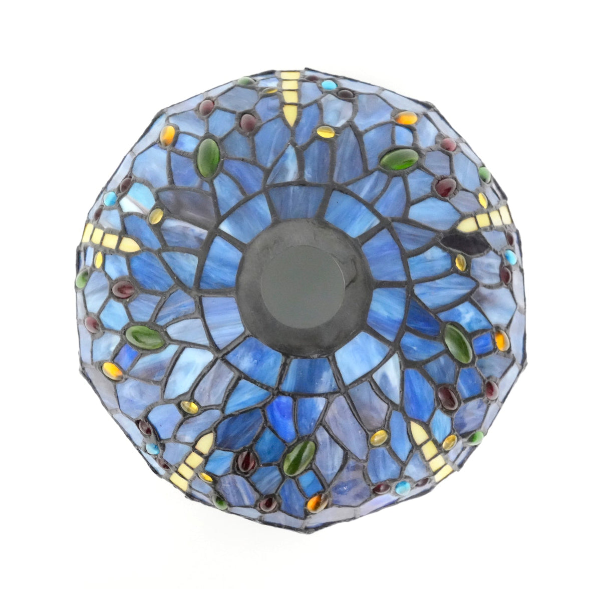 Tiffany-style tinted glass lampshade with blue dragonflies