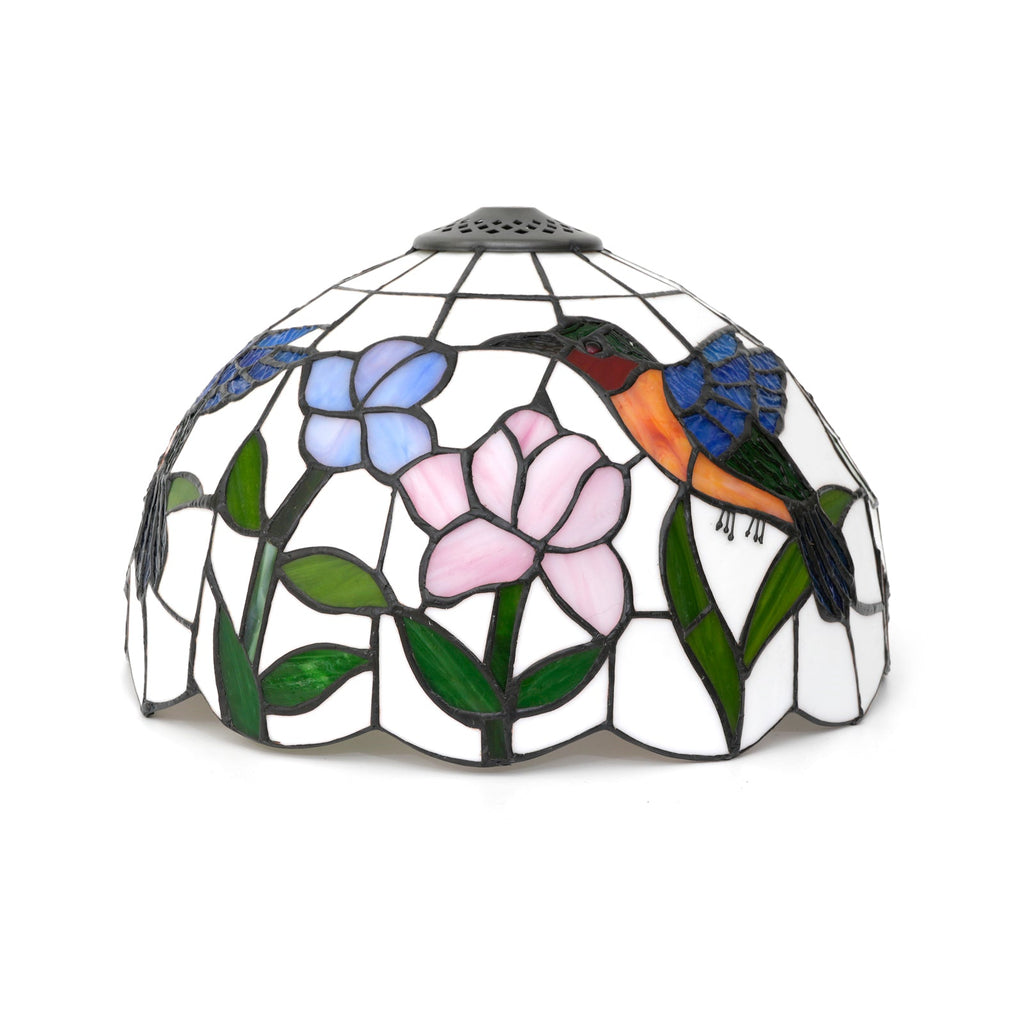 Tiffany-style lampshade in stained glass with a hummingbird and flower design.