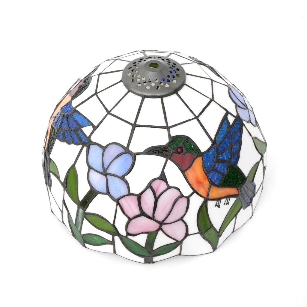 Tiffany-style lampshade in stained glass with a hummingbird and flower design.