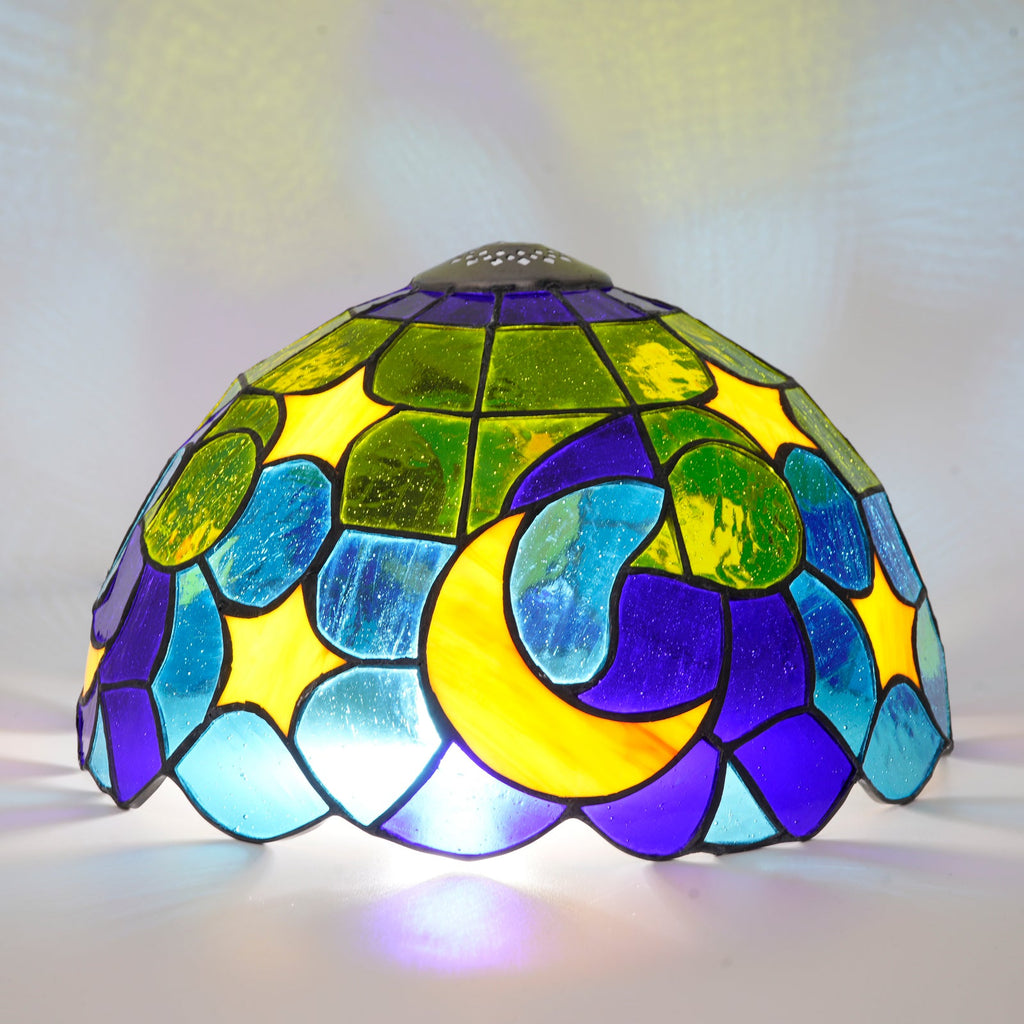 Tiffany-style stained glass lampshade with moon and stars