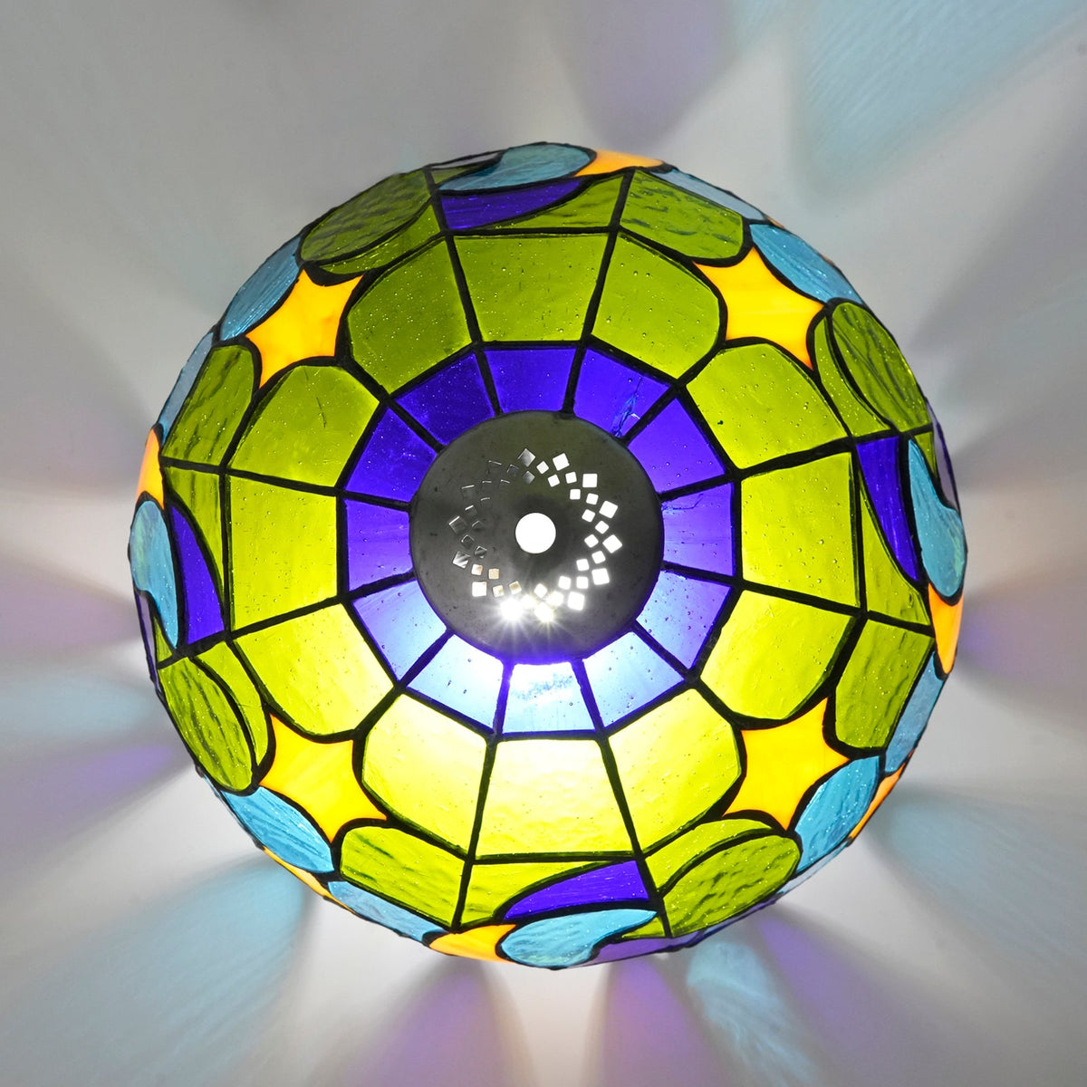 Tiffany-style stained glass lampshade with moon and stars