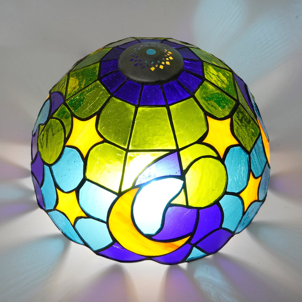 Tiffany-style stained glass lampshade with moon and stars