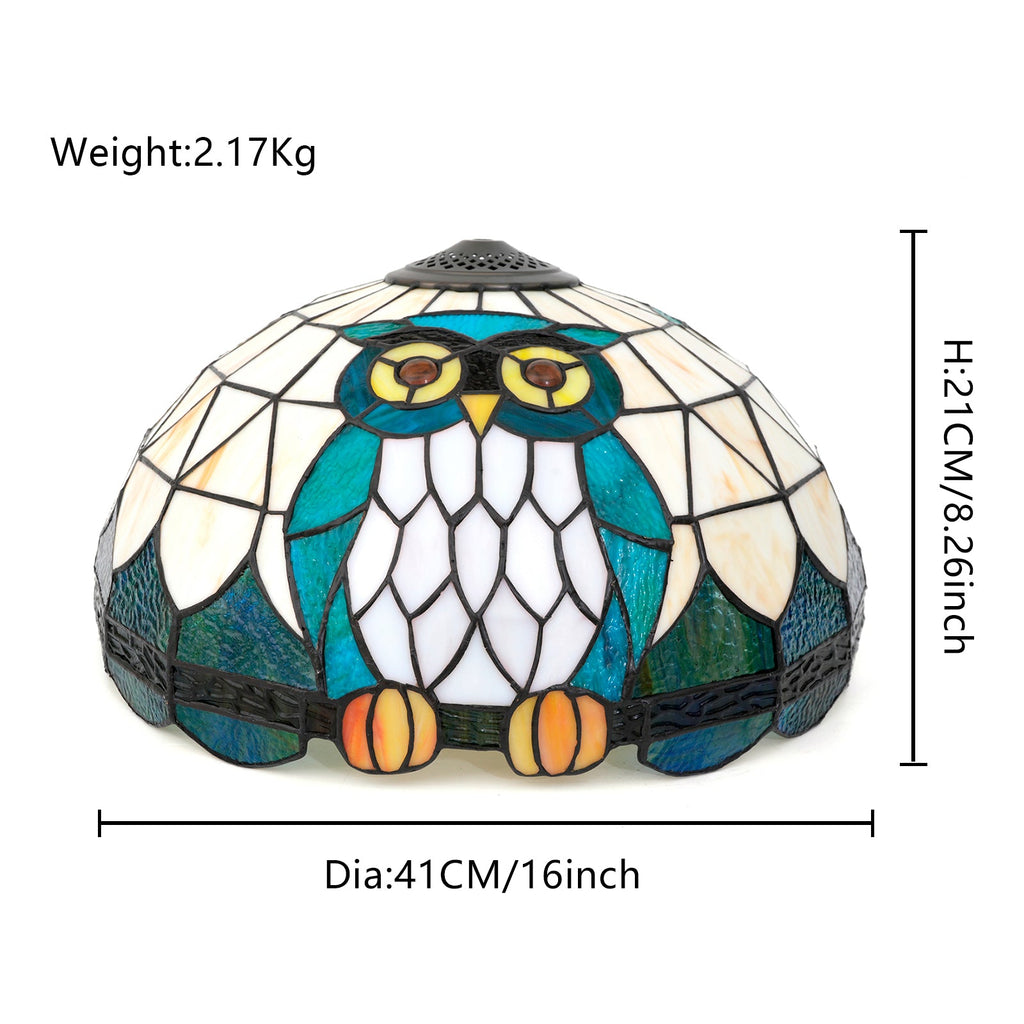 Tiffany-style stained glass lampshade with a blue-green owl design