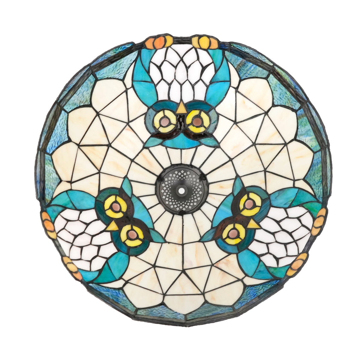 Tiffany-style stained glass lampshade with a blue-green owl design