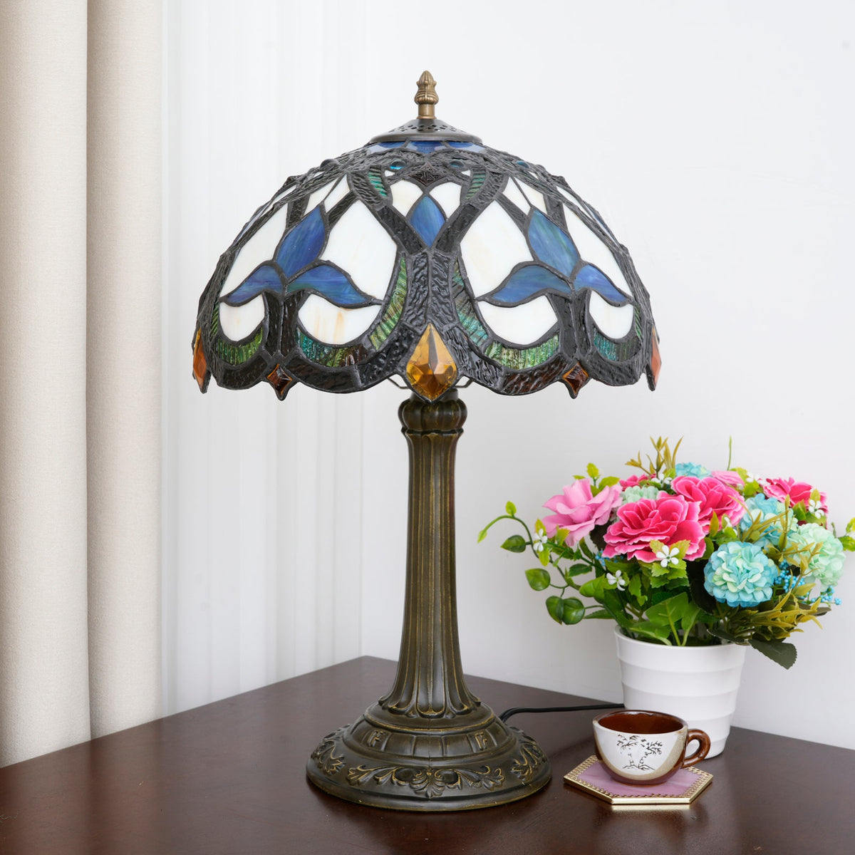 Blue and Amber Tiffany Stained Glass Table Lamp