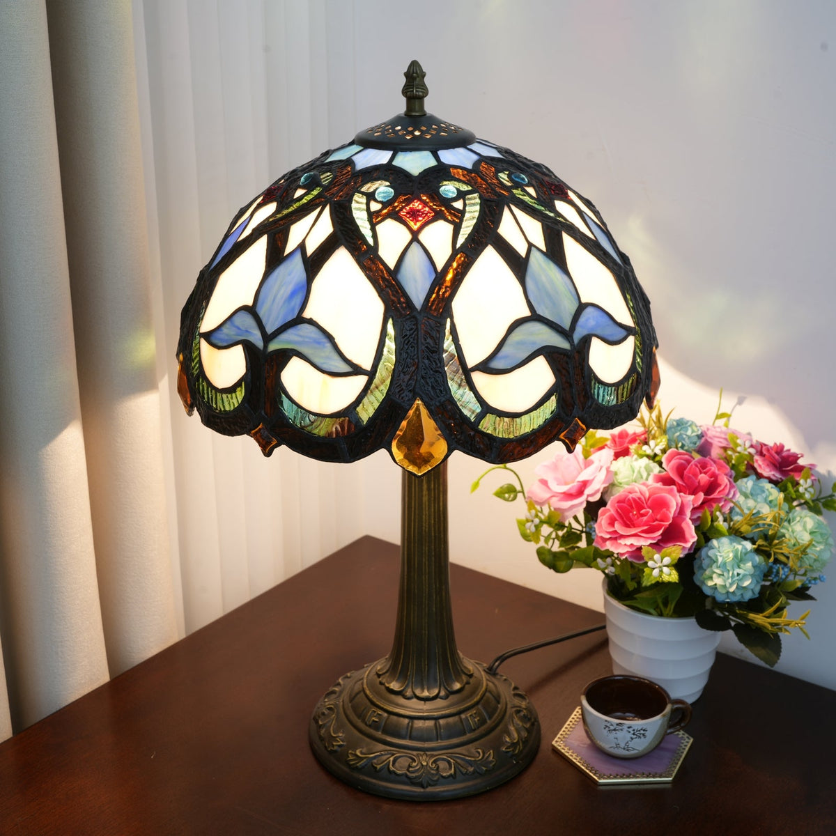 Blue and Amber Tiffany Stained Glass Table Lamp