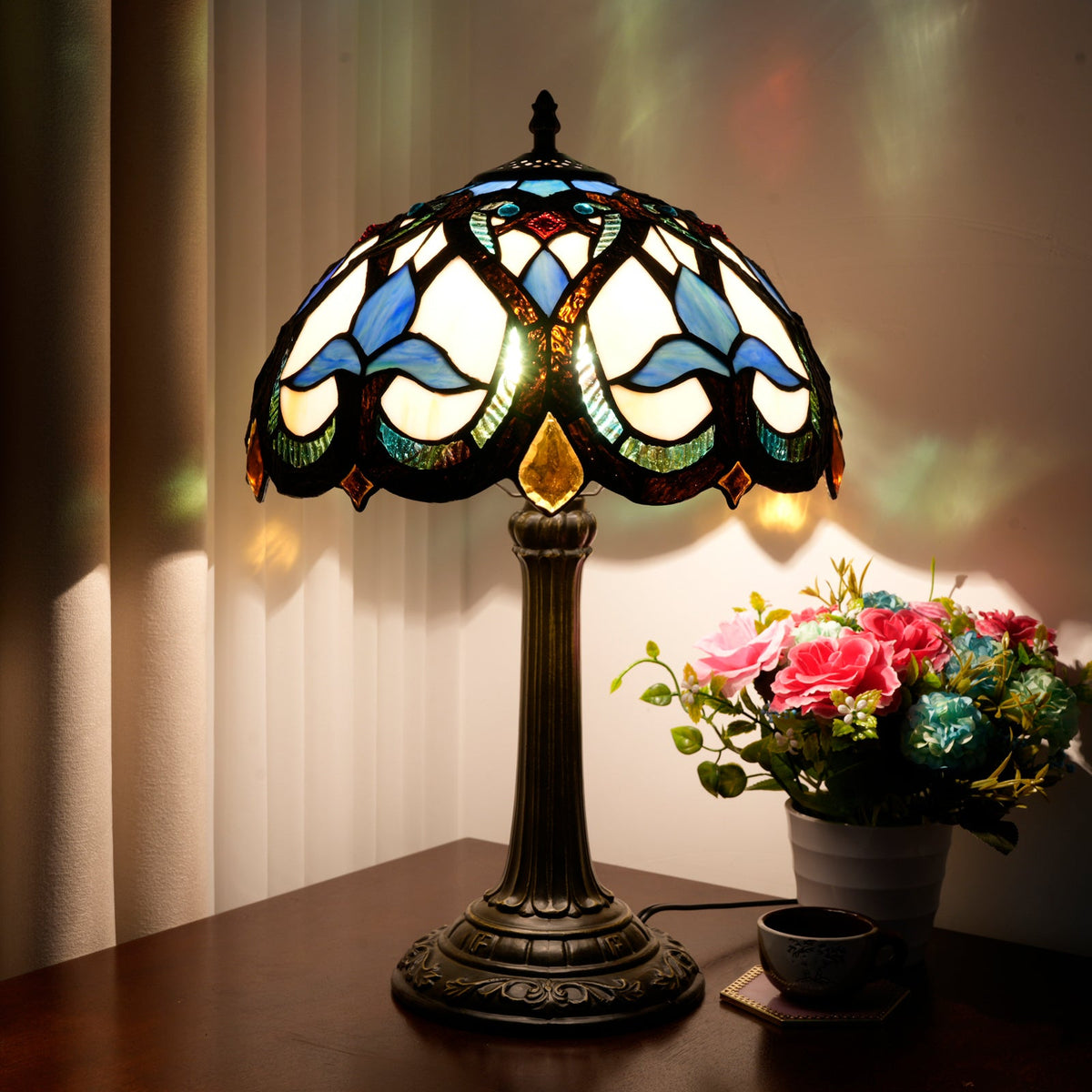 Blue and Amber Tiffany Stained Glass Table Lamp