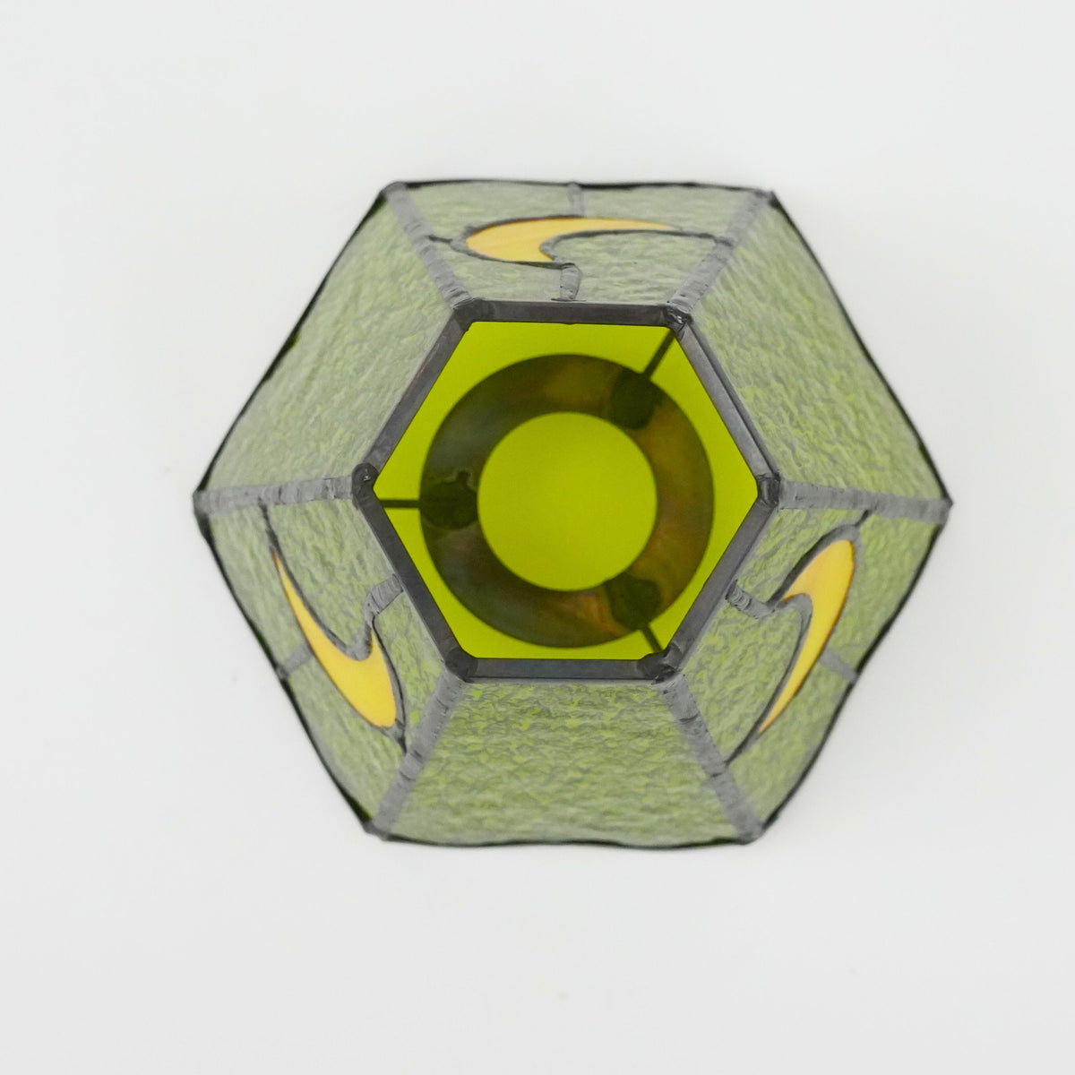 Tiffany Hexagonal Lampshade in Green Glass and Yellow Moons