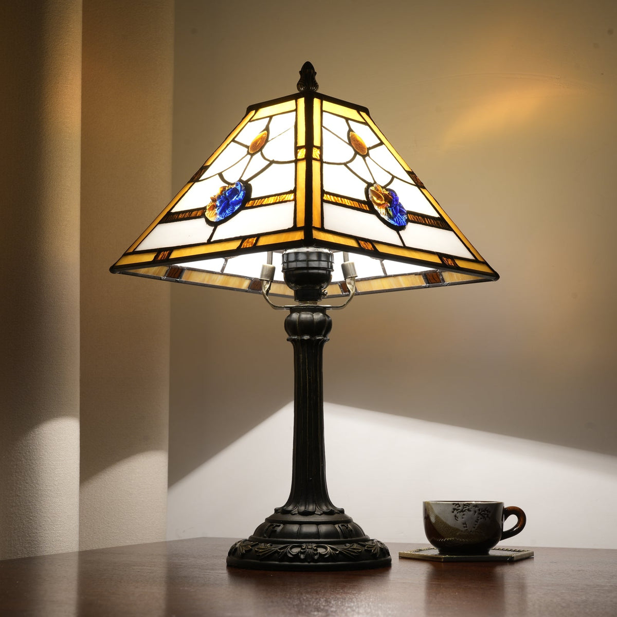 Blue and Bronze Tiffany Style Stained Glass Table Lamp