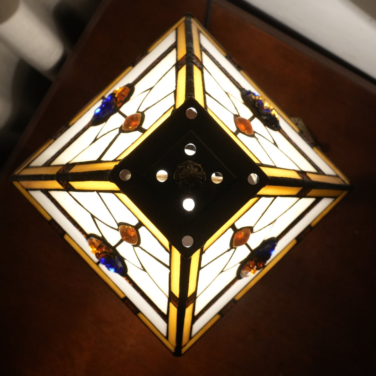 Blue and Bronze Tiffany Style Stained Glass Table Lamp