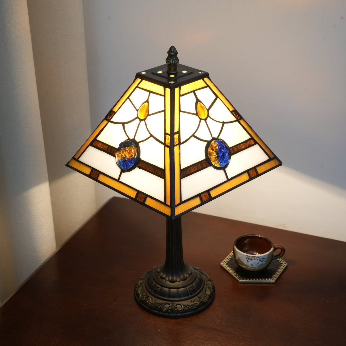 Blue and Bronze Tiffany Style Stained Glass Table Lamp