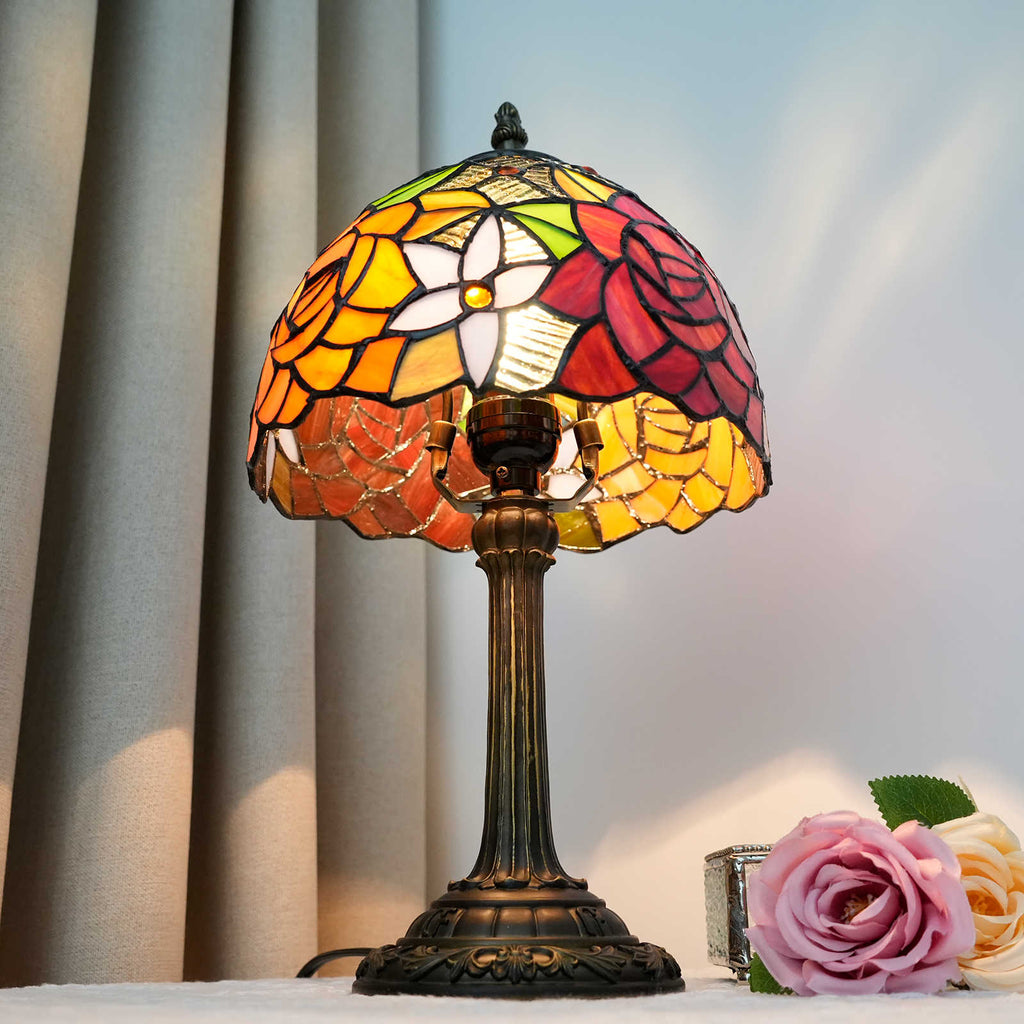Table Lamp in Tinted Glass with Multicolored Rose Pattern