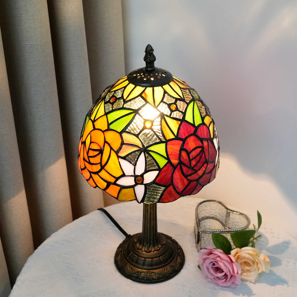 Table Lamp in Tinted Glass with Multicolored Rose Pattern