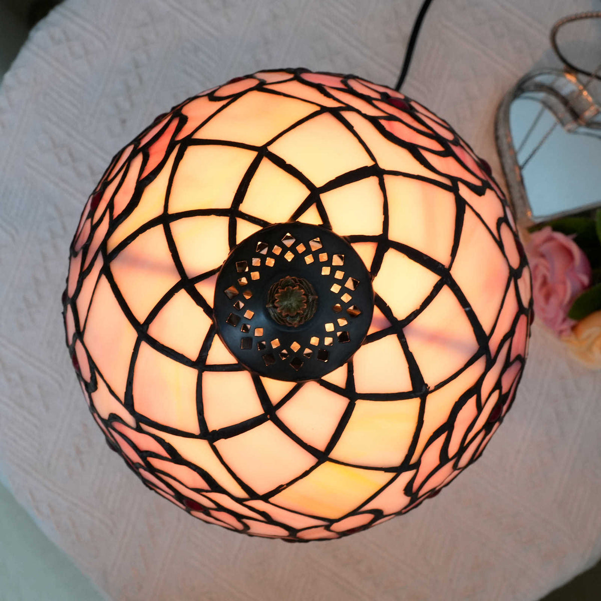 Tiffany Table Lamp in Pink Stained Glass and Antique Bronze