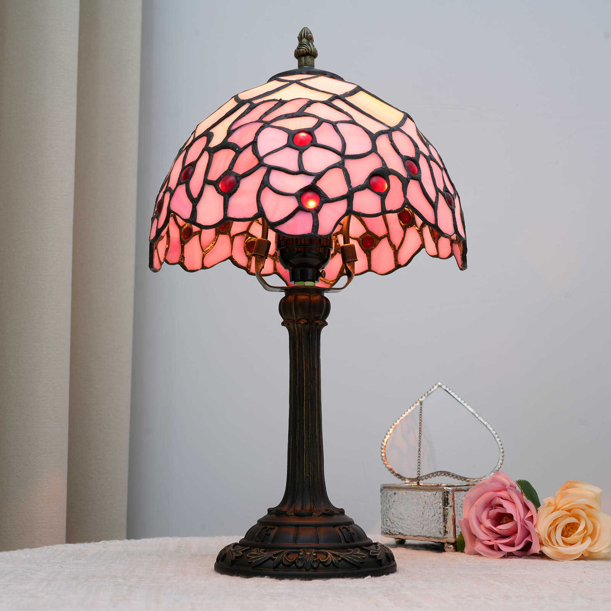 Tiffany Table Lamp in Pink Stained Glass and Antique Bronze