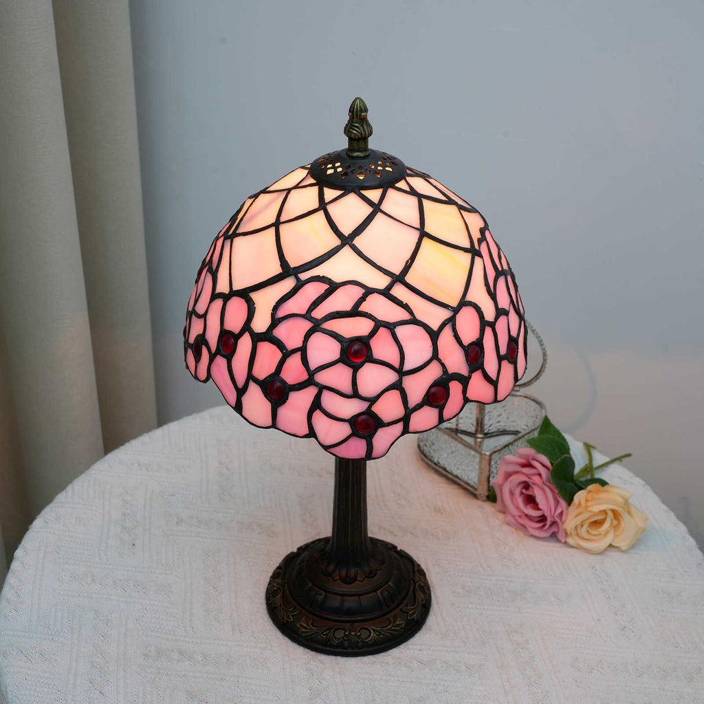 Tiffany Table Lamp in Pink Stained Glass and Antique Bronze