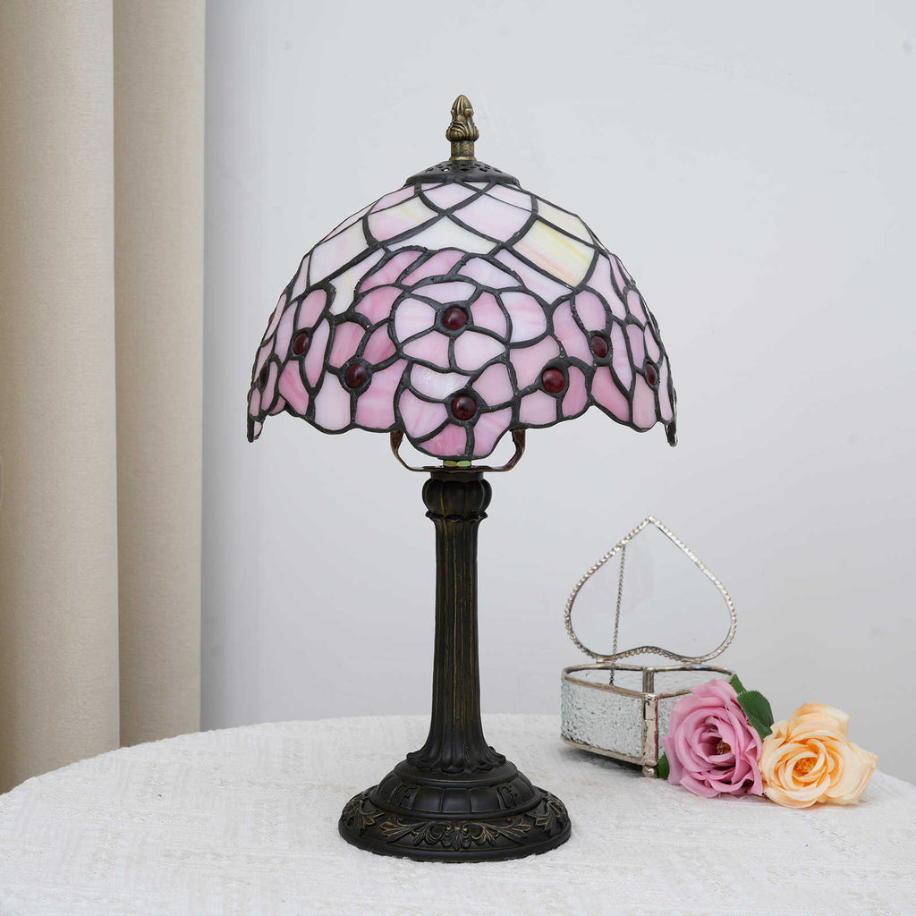 Tiffany Table Lamp in Pink Stained Glass and Antique Bronze