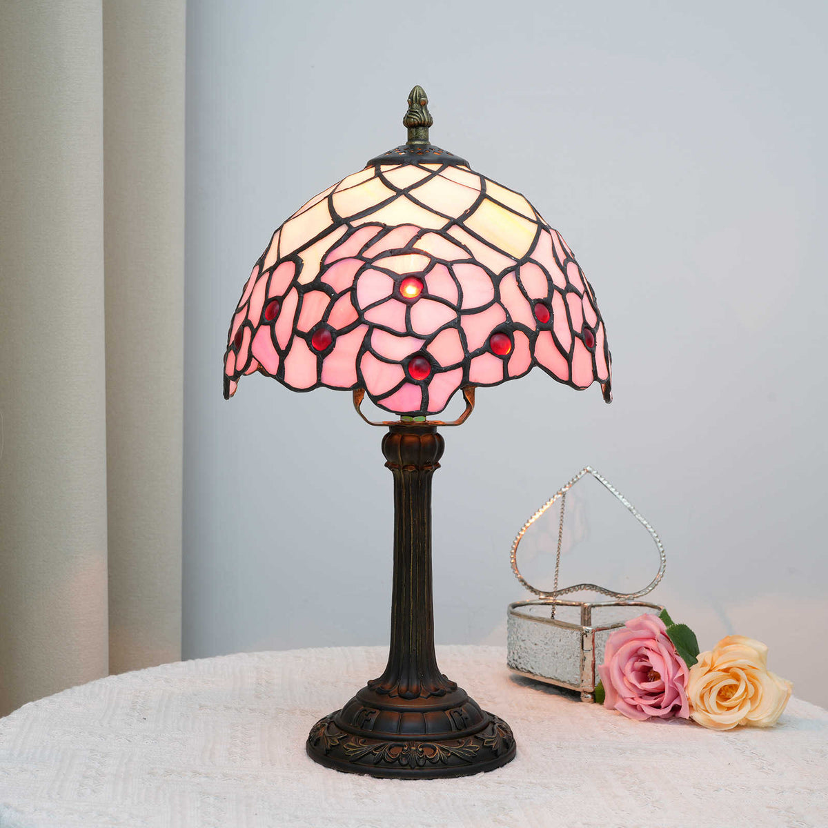 Tiffany Table Lamp in Pink Stained Glass and Antique Bronze