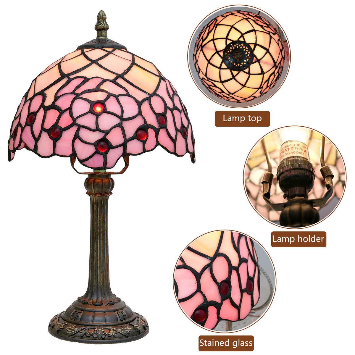 Tiffany Table Lamp in Pink Stained Glass and Antique Bronze