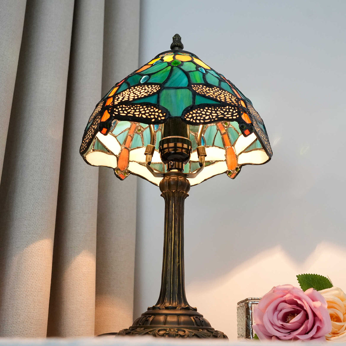 Tiffany Stained Glass Table Lamp with Dragonflies