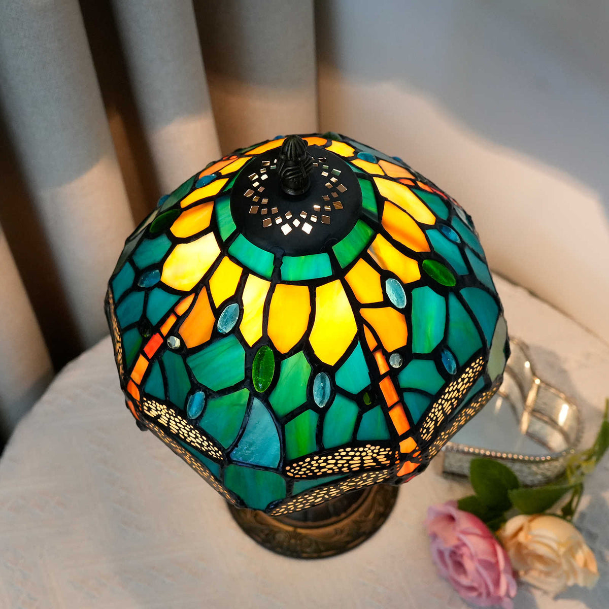 Tiffany Stained Glass Table Lamp with Dragonflies
