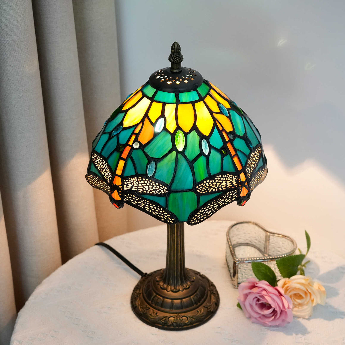 Tiffany Stained Glass Table Lamp with Dragonflies