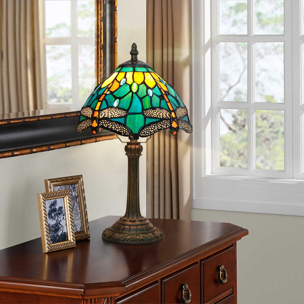Tiffany Stained Glass Table Lamp with Dragonflies